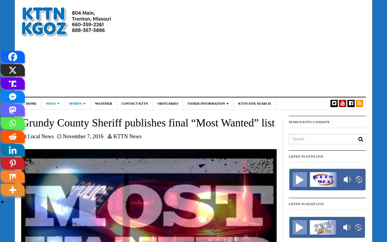Historical KTTN report on the final Grundy County Most Wanted list
